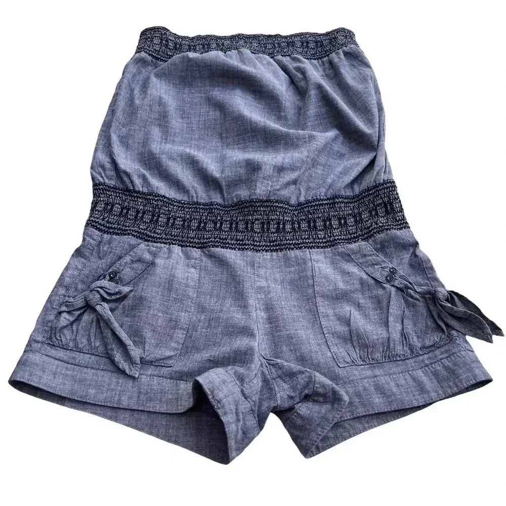 Jolt Chambray Strapless Embroidered Romper Smocked MEDIUM 2000s Y2K
